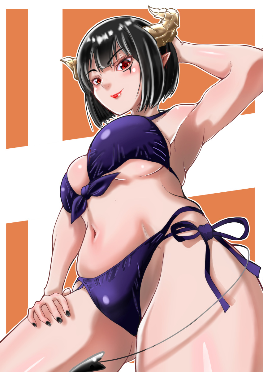1girl absurdres arm_behind_head armpits ass_visible_through_thighs bikini breasts closed_mouth demon_girl demon_horns feet_out_of_frame groin hand_on_own_thigh highres hime-sama_"goumon"_no_jikan_desu horns large_breasts lipstick looking_at_viewer looking_down makeup nail_polish navel purple_bikini red_eyes shiny_skin simple_background smile solo stomach swimsuit torture_tortura underboob user_zxdk3235