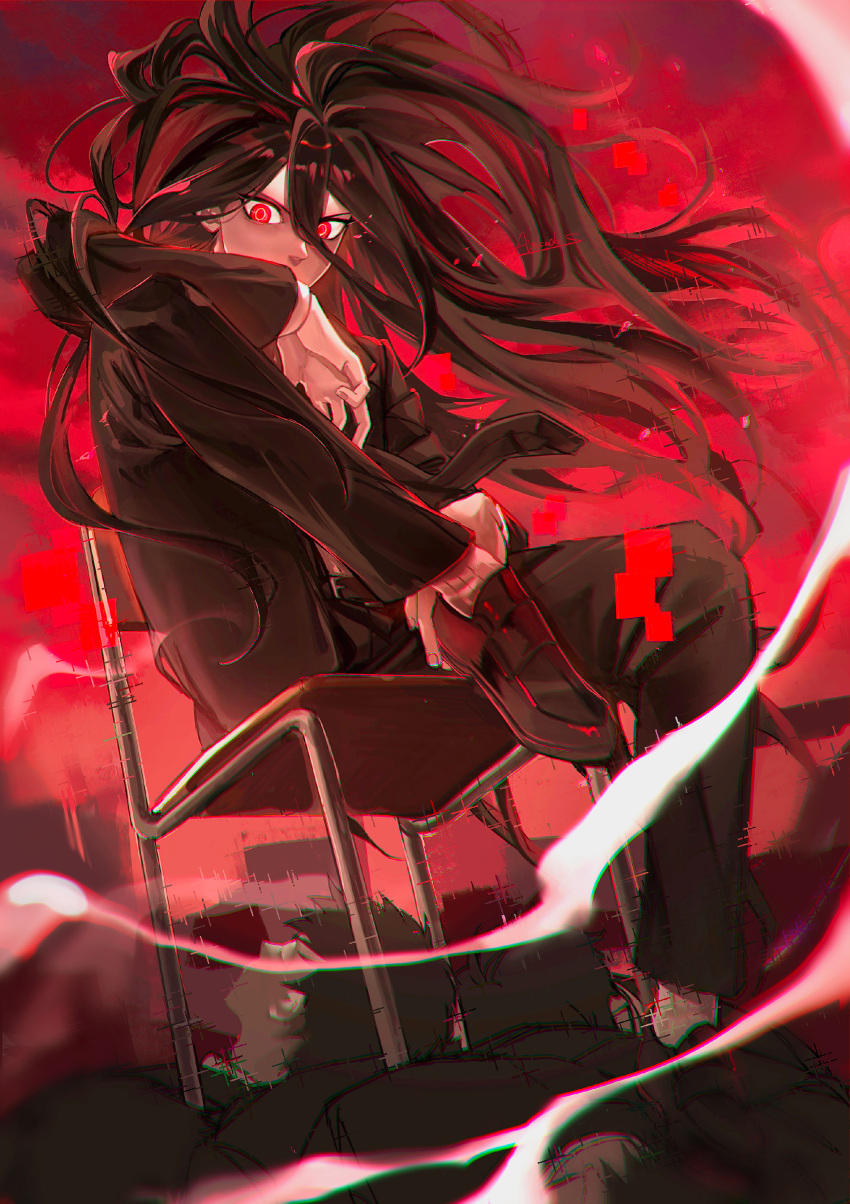 1boy absurdres black_necktie black_pants brown_footwear brown_hair chair corpse danganronpa_(series) danganronpa_2:_goodbye_despair formal hair_between_eyes highres hinata_hajime kado_51 kamukura_izuru knee_up long_hair long_sleeves necktie pants red_background red_eyes sitting solo_focus