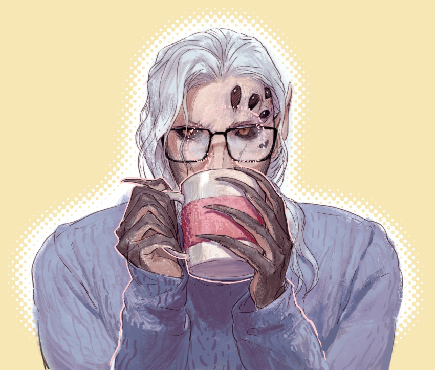 1boy baldur's_gate baldur's_gate_3 black_sclera blue_sweater brown_eyes claws colored_sclera contemporary cup drinking dungeons_&amp;_dragons extra_eyes glasses hands_up highres holding holding_cup kar'niss long_hair long_sleeves looking_at_viewer male_focus monster_boy mug pointy_ears simple_background solo sweater the_old_crane upper_body white_hair yellow_background
