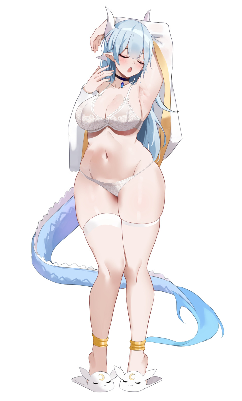 1girl absurdres animeattics arm_behind_head black_choker blue_hair bra breasts choker closed_eyes curvy dragon_girl dragon_horns dragon_tail english_commentary highres horns large_breasts long_hair navel original panties slippers solo tail thick_thighs thigh_strap thighs underwear white_background white_bra white_panties