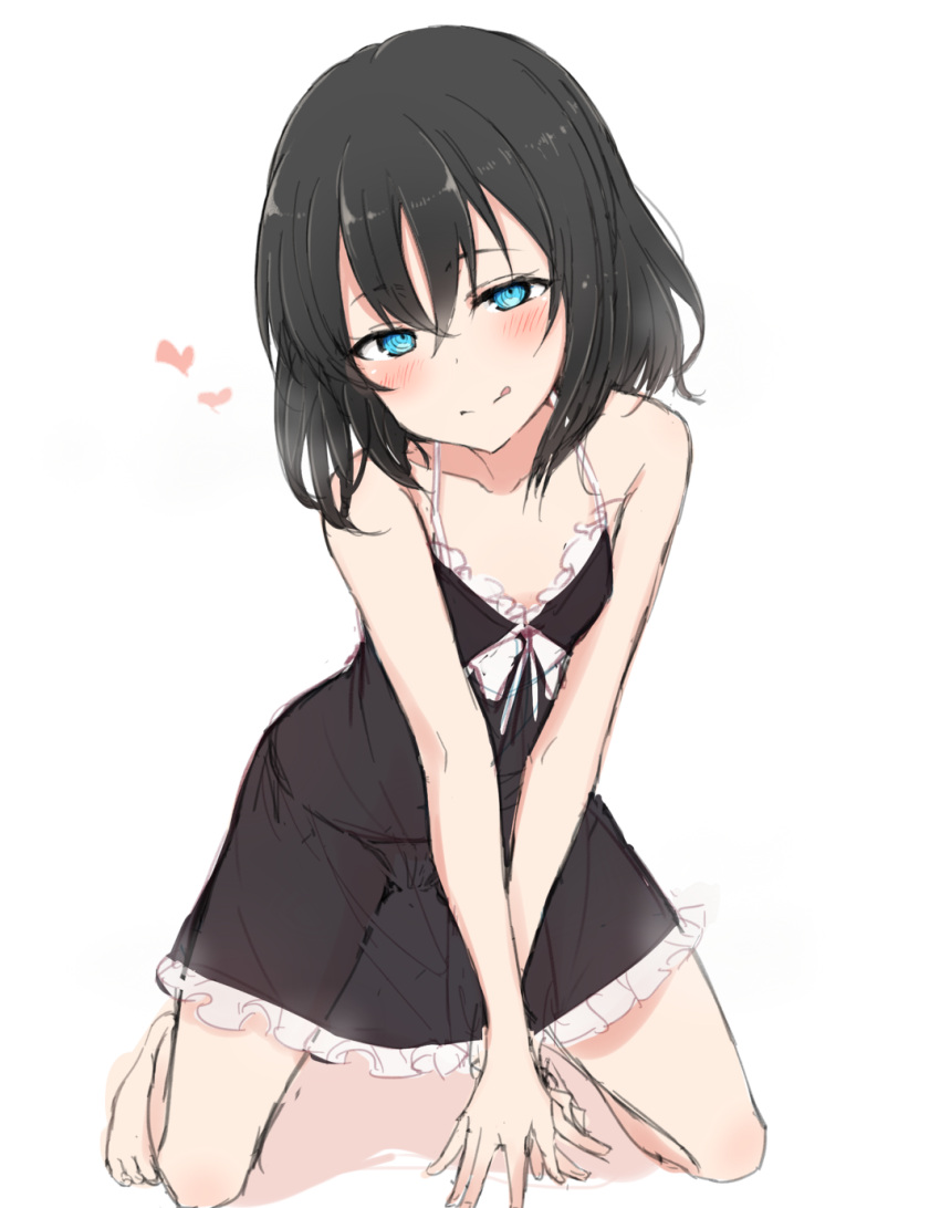 1girl :q bare_arms bare_legs bare_shoulders barefoot black_dress black_hair blue_eyes blush breasts collarbone commentary_request dress frilled_dress frills hair_between_eyes head_tilt heart highres kneeling layla_(mino) looking_at_viewer medium_hair nonono_(mino) original ringed_eyes see-through simple_background sketch small_breasts solo split_mouth tongue tongue_out white_background