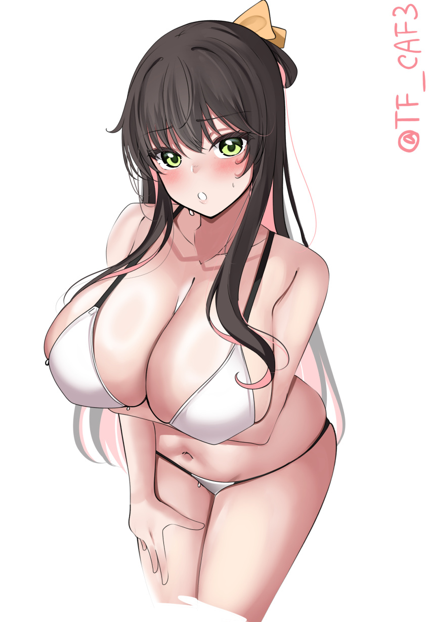 1girl alternate_costume bikini black_hair blush breasts collarbone cowboy_shot fang hair_between_eyes hair_ribbon highres huge_breasts kantai_collection long_hair looking_at_viewer multicolored_hair naganami_(kancolle) navel one-hour_drawing_challenge open_mouth pink_hair ribbon smile solo swimsuit tf_cafe twitter_username two-tone_hair wavy_hair white_background white_bikini yellow_eyes