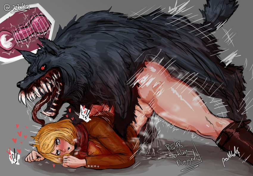 animal_genitalia ashley_graham_(resident_evil) bestiality blonde_hair bodily_fluids breasts canid canine canis capcom clothing colmillos_(resident_evil) colored cum digital_media_(artwork) domestic_dog duo female female_penetrated feral fur genital_fluids genitals hair heart_symbol hi_res hoka human human_on_feral interspecies looking_pleasured male male/female male_penetrating male_penetrating_female mammal open_mouth penetration penis resident_evil sex simple_background tail teeth text tongue tongue_out vaginal vaginal_penetration white_body wolf xray_view