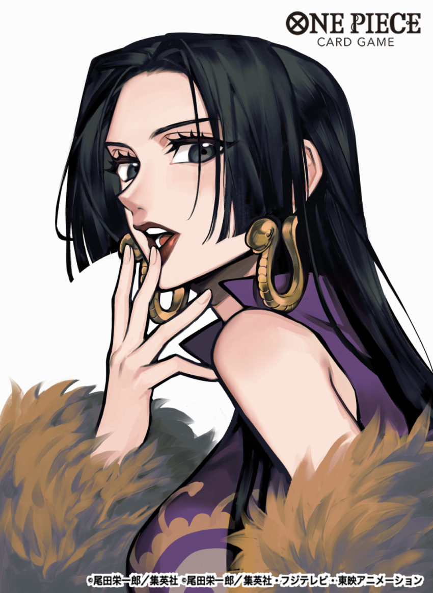 1girl black_eyes black_hair boa_hancock close-up coat commentary_request copyright_name dress earrings eyelashes fur_coat highres hime_cut jewelry long_hair looking_at_viewer official_art one_piece profile purple_dress red_lips simple_background snake_earrings solo sunohara_(encount) upper_body white_background