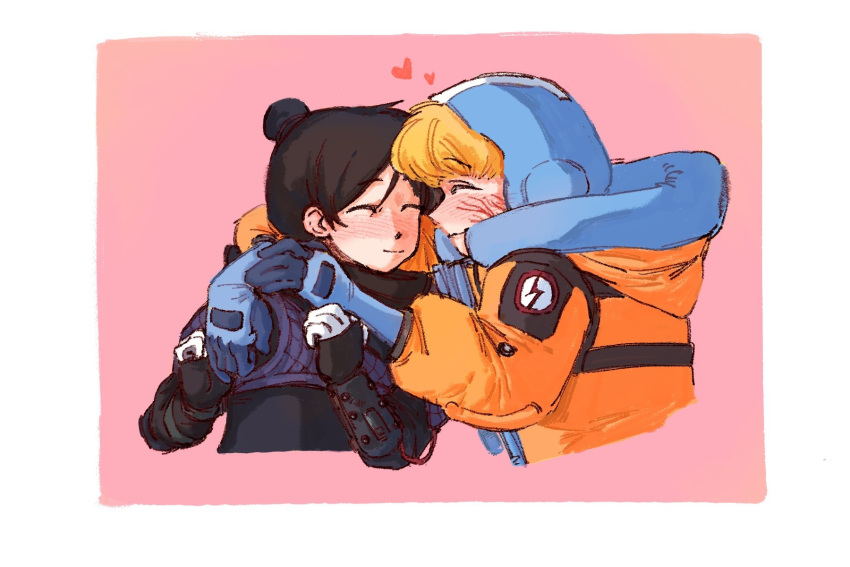 2girls ^_^ animification apex_legends black_bodysuit black_gloves black_hair blonde_hair blue_gloves blush bodysuit border cable closed_eyes gloves guan_guan hair_behind_ear hair_bun heart highres hood hood_down hooded_jacket jacket lightning_bolt_symbol multiple_girls orange_jacket pink_background single_hair_bun smile wattson_(apex_legends) white_border wraith_(apex_legends) yuri