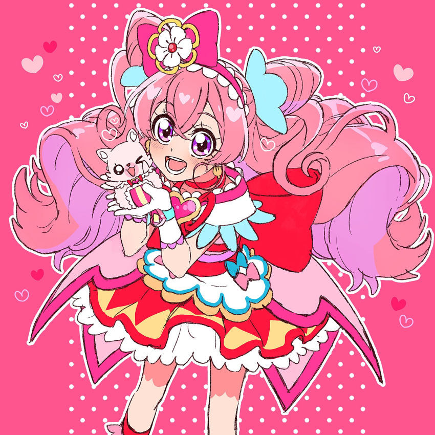 1girl cure_precious delicious_party_precure flower food frilled_skirt frills hair_flower hair_ornament heart highres kome-kome_(precure) nagomi_yui onigiri pink_ribbon precure ribbon skirt solo_focus twintails yufu_kyouko