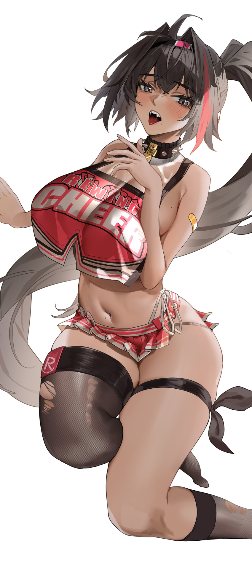 1girl absurdres ahoge bandaid bandaid_on_arm bay_(nikke) black_socks black_thighhighs blush breasts brown_eyes brown_hair cheerleader collar crop_top dark-skinned_female dark_skin facial_tattoo fang goddess_of_victory:_nikke hair_intakes hairband highres large_breasts long_hair looking_at_viewer mole mole_on_breast mole_on_stomach mole_under_eye mole_under_mouth multicolored_hair navel pom_pom_(cheerleading) ponytail red_hair red_shirt red_skirt saliva shirt simple_background single_thighhigh skirt socks solo spiked_collar spikes star_tattoo streaked_hair tattoo thigh_strap thighhighs tongue tongue_out torn_clothes torn_socks torn_thighhighs white_background zhudouzi