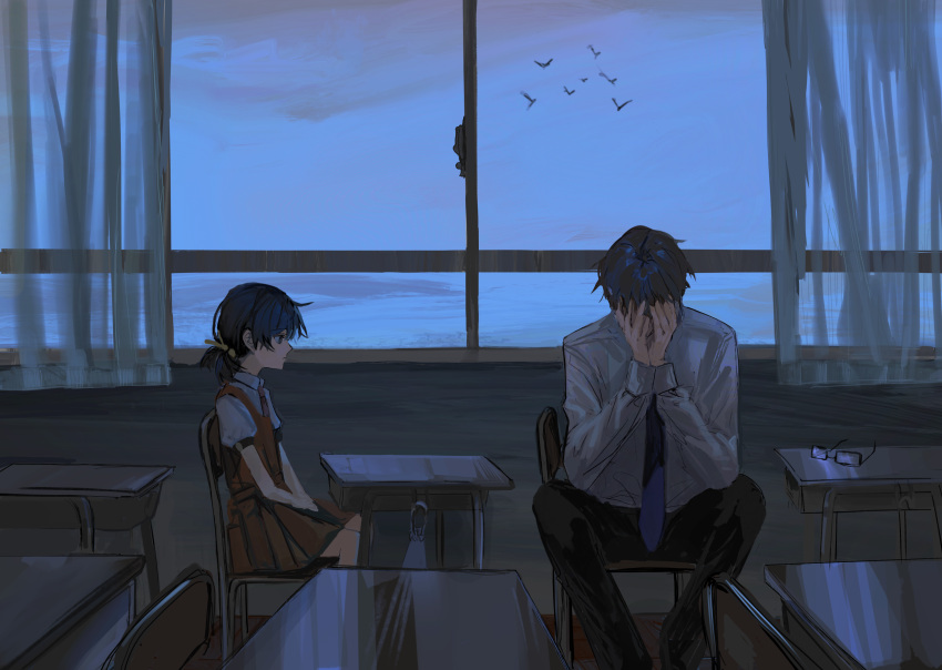 1boy 1girl :| absurdres black_eyes black_hair black_pants blank_stare blue_necktie chair classroom closed_mouth collared_shirt commentary covering_face curtains desk dress evening expressionless facing_down glasses gureru_(r_grey1204) hands_on_own_face highres hiyama_kiyoteru indoors kaai_yuki knees_apart_feet_together long_hair long_sleeves looking_at_another low_ponytail necktie pants pinafore_dress pleated_dress profile rectangular_eyewear red_dress reflective_table school_chair school_desk shirt short_hair short_sleeves simple_bird sitting sleeveless sleeveless_dress unworn_eyewear vocaloid white_shirt window