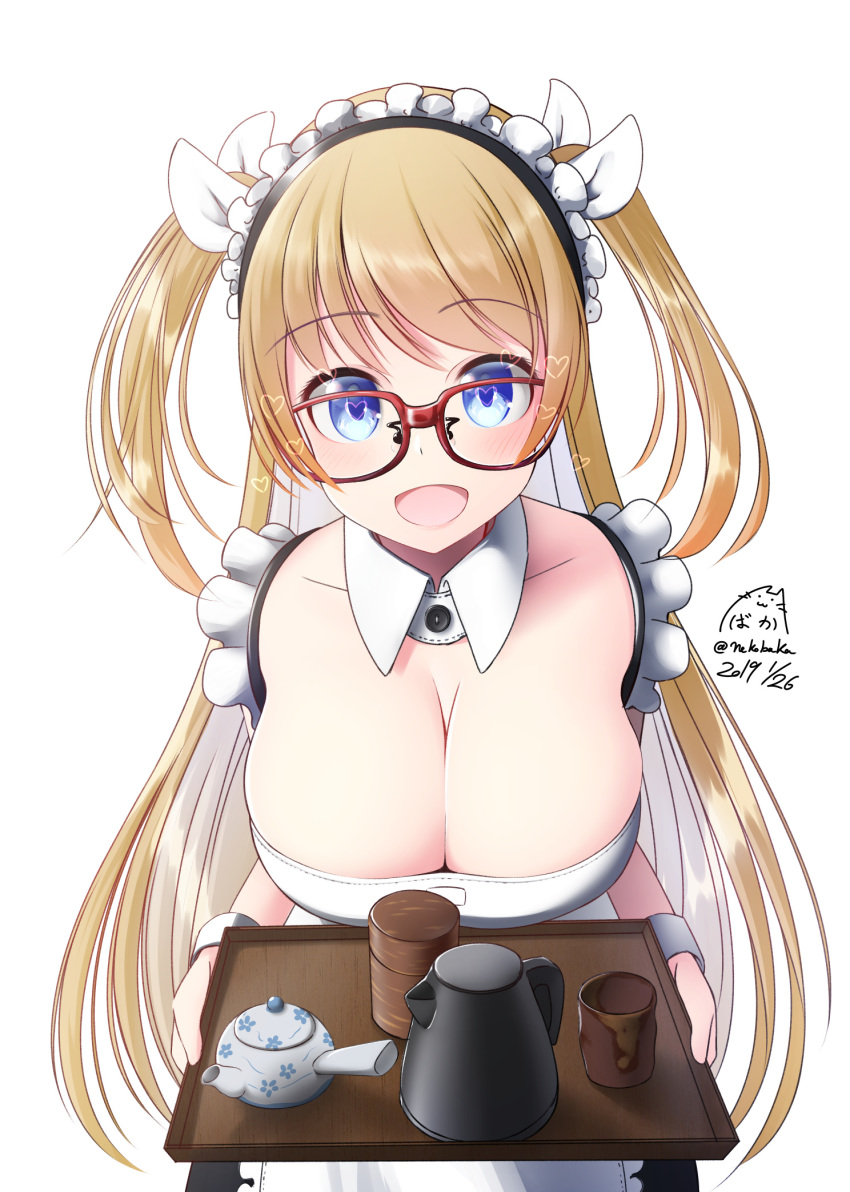 1girl :d apron bangs black_dress blonde_hair blue_eyes blush breasts cleavage collar commentary_request cup dated detached_collar dress eyebrows_visible_through_hair glasses heart highres holding holding_tray large_breasts long_hair looking_at_viewer maid nekobaka open_mouth original red-framed_eyewear signature simple_background sleeveless sleeveless_dress smile solo teapot tray twintails twitter_username two_side_up very_long_hair white_apron white_background white_collar wing_collar