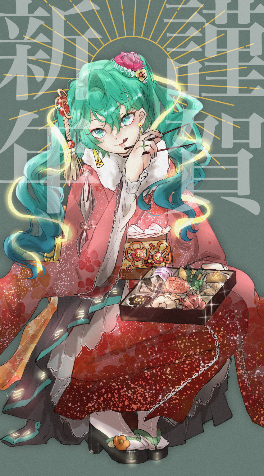 1girl absurdres bento black_skirt blue_eyes chopsticks commentary earrings eyelashes flower food geta glowing green_hair green_nails hair_flower hair_ornament hatsune_miku highres holding holding_chopsticks japanese_clothes jewelry kimono licking_lips long_hair nail_polish osechi pink_kimono pleated_skirt r18ankou ring sandals shrimp skirt smile socks solo squatting sun_symbol tongue tongue_out translation_request twintails vocaloid white_socks