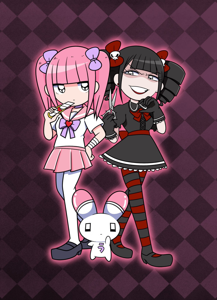 2girls animal argyle_background bandaged_arm bandages black_dress black_eyes black_footwear black_gloves black_hair black_pantyhose blunt_bangs bow bowtie boxcutter choker closed_mouth dress drill_hair earrings evil_smile expressionless ezaki_bisuko frilled_dress frilled_gloves frills full_body gloves gothloli-chan_(ezaki_bisuko) hair_bow hand_on_own_hip hand_up heart highres holding holding_boxcutter holding_scissors jewelry jitome looking_at_another menhera-chan_(ezaki_bisuko) menhera-chan_(ezaki_bisuko)_(character) multiple_girls outer_glow pantyhose partially_shaded_face pink_hair pink_sailor_collar pink_skirt pleated_skirt puffy_short_sleeves puffy_sleeves purple_background purple_bow purple_choker rabbit red_bow red_bowtie red_lips red_pantyhose sailor_collar school_uniform scissors serafuku short_sleeves short_twintails sidelocks skirt skull smile striped_clothes striped_pantyhose teeth twin_drills twintails usatan_(ezaki_bisuko) white_pantyhose white_serafuku