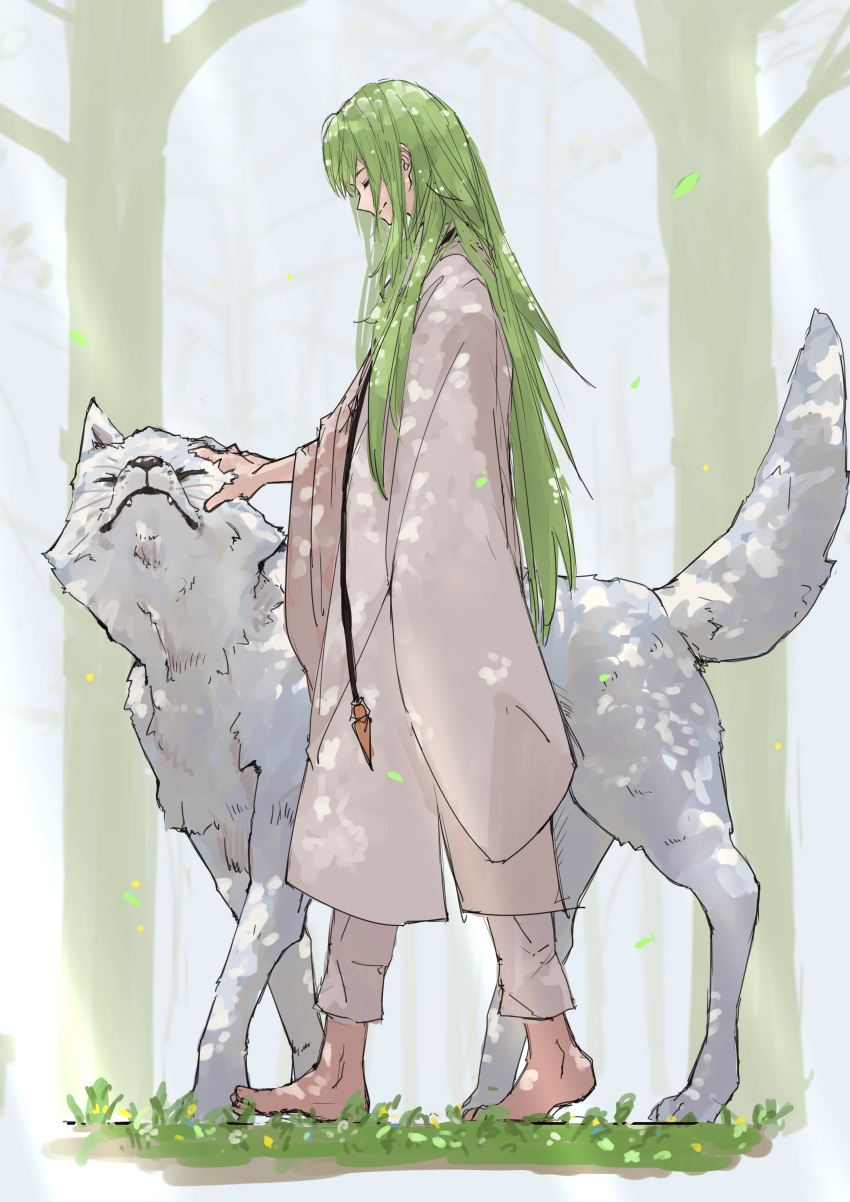 1other absurdres androgynous animal barefoot closed_eyes closed_mouth commentary_request enkidu_(fate) fate/strange_fake fate_(series) from_side green_hair highres kdm_(ke_dama) long_hair pants profile robe sleeves_past_fingers sleeves_past_wrists smile toes walking white_pants white_robe white_wolf wide_sleeves wolf wolf_(fate)