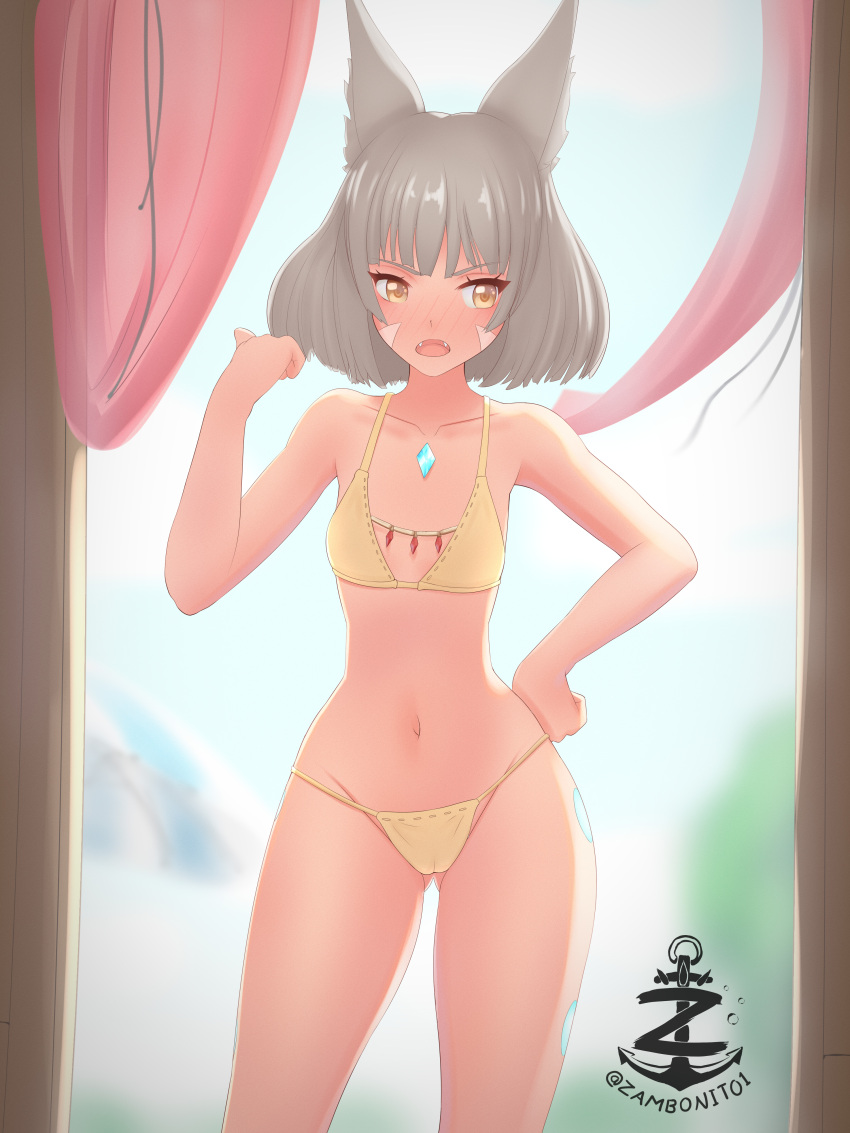 1girl absurdres animal_ears beach_umbrella bikini blush breasts cameltoe cat_ears chest_jewel core_crystal_(xenoblade) day facial_mark fangs grey_hair highres looking_at_viewer nia_(xenoblade) open_mouth pointing short_hair small_breasts solo swimsuit umbrella wide_hips xenoblade_chronicles_(series) xenoblade_chronicles_2 xenoblade_chronicles_3 yellow_eyes zambonito