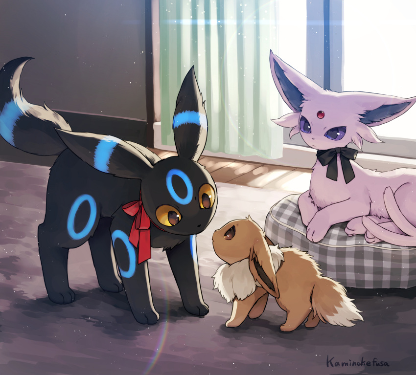 all_fours alternate_color artist_name black_fur black_ribbon black_tail blue_fur brown_eyes brown_fur brown_tail colored_sclera eevee espeon evolutionary_line extra_tails forehead_jewel highres indoors kaminokefusa light looking_at_another looking_down no_humans pokemon pokemon_(creature) purple_eyes purple_fur purple_sclera purple_tail red_ribbon ribbon shiny_pokemon two-tone_fur umbreon wooden_floor yellow_sclera