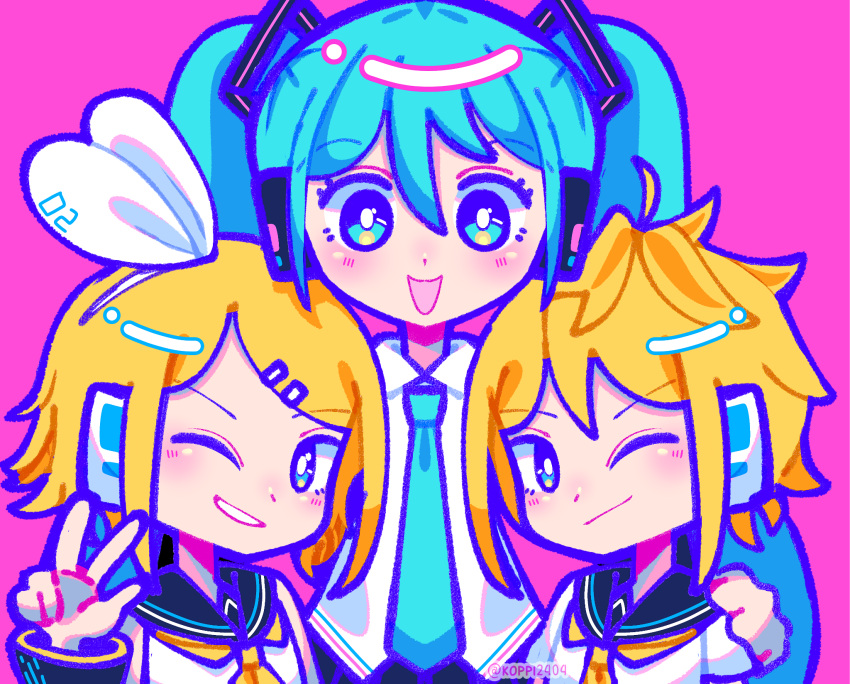 1boy 2girls ahoge aqua_hair aqua_necktie black_sailor_collar blonde_hair brother_and_sister chibi crypton_future_media grin group_picture hair_ornament hairclip hatsune_miku headphones headset highres ibispaint_(medium) kagamine_len kagamine_rin koppi2404 multicolored_eyes multiple_girls necktie one_eye_closed piapro pink_background sailor_collar shirt siblings smile twins v vocaloid white_shirt yellow_necktie