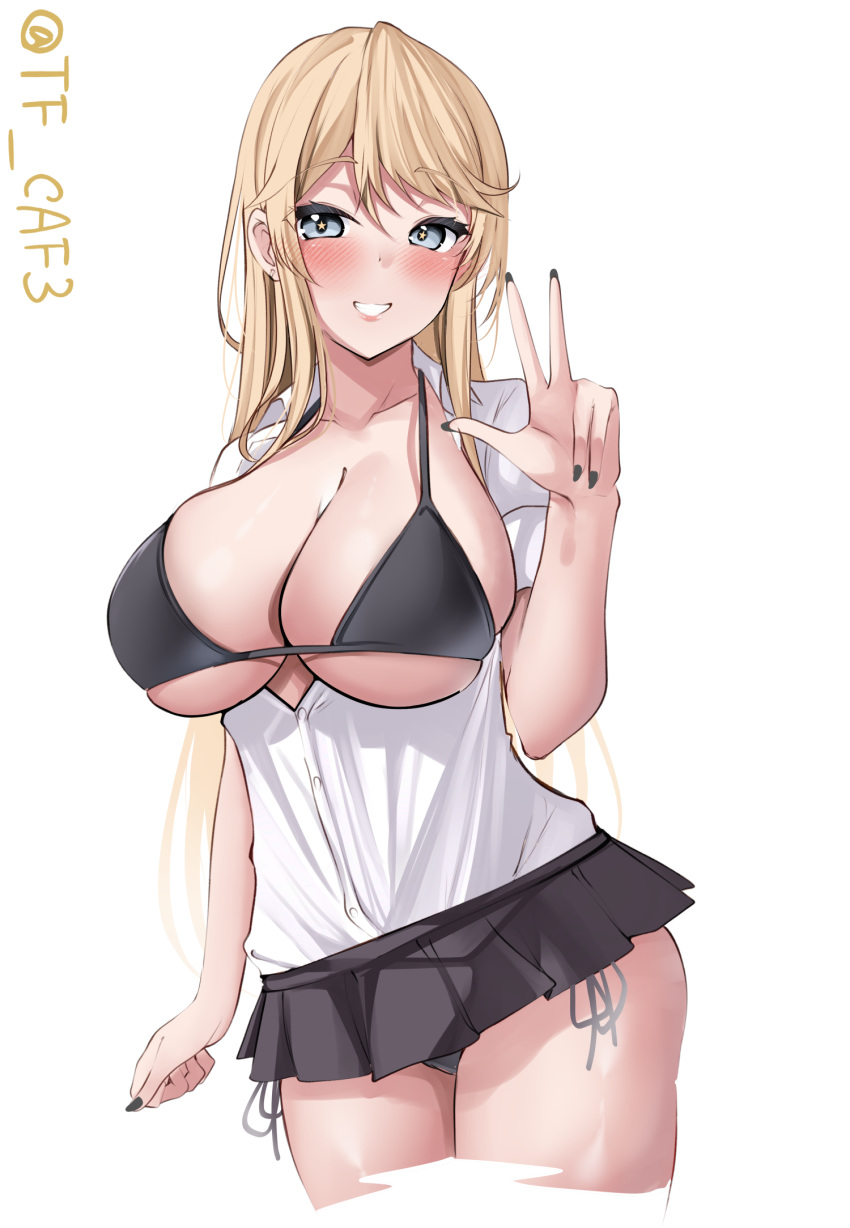 1girl alternate_costume black_bra black_skirt blonde_hair blue_eyes bra breasts cleavage collarbone cowboy_shot hair_between_eyes highres iowa_(kancolle) kantai_collection large_breasts long_hair looking_at_viewer nail_polish one-hour_drawing_challenge open_clothes open_shirt short_sleeves skirt smile solo star-shaped_pupils star_(symbol) symbol-shaped_pupils tf_cafe twitter_username underwear w white_background