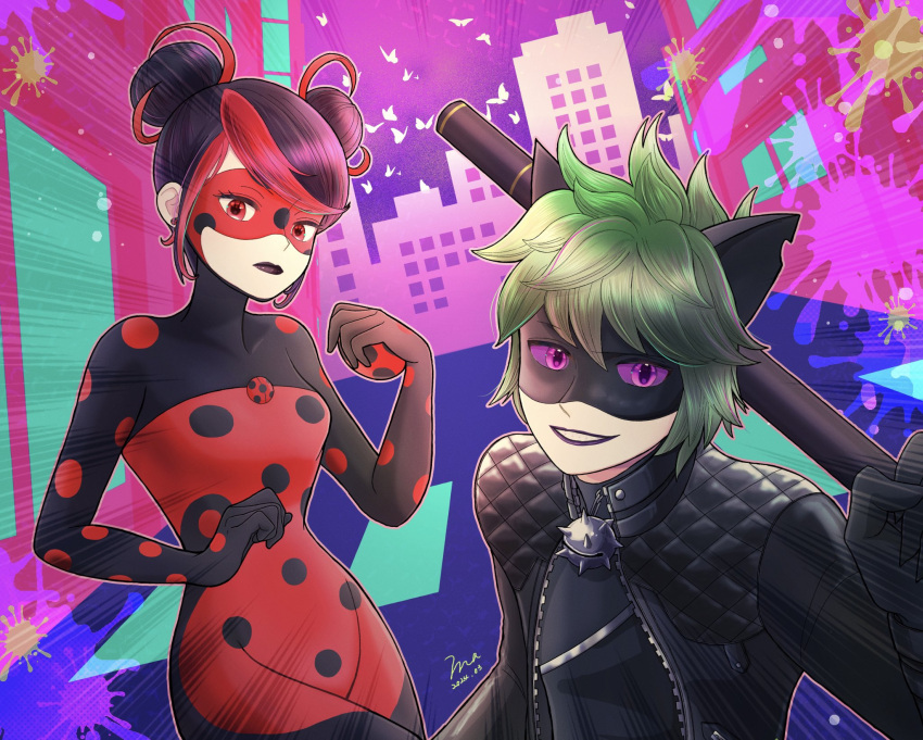 1boy 1girl adrien_agreste animal_ears bell black_bodysuit black_hair black_jacket black_mask bodysuit cat_boy cat_ears catnoir_love claw_noir closed_mouth double_bun green_hair hair_bun highres jacket jingle_bell leather leather_jacket looking_at_viewer marinette_dupain-cheng mask miraculous_ladybug polka_dot purple_eyes red_bodysuit red_eyes red_mask shadybug slit_pupils smile