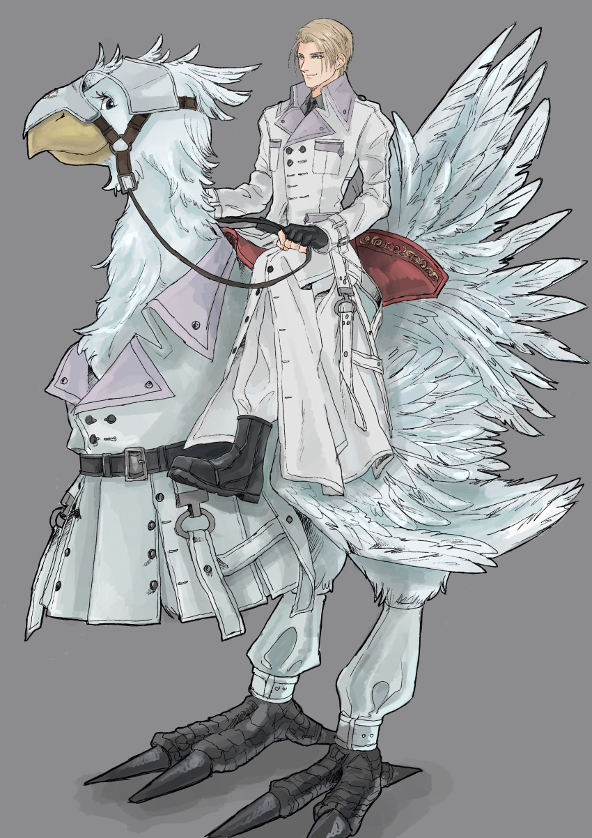 1boy absurdres bird black_footwear black_gloves black_necktie blonde_hair blue_eyes boots chocobo coat collared_shirt commentary_request feathers final_fantasy final_fantasy_vii final_fantasy_vii_rebirth final_fantasy_vii_remake fingerless_gloves full_body gloves grey_background grey_shirt highres holding holding_reins long_sleeves male_focus necktie nomoss06 pants reins riding riding_bird rufus_shinra shirt short_hair sitting smile white_coat white_pants