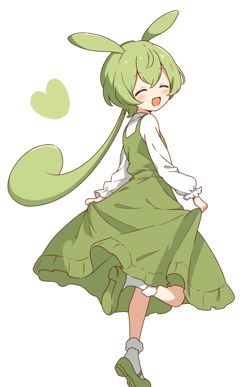 1girl :d absurdres animal_ears blush dot_nose dress facing_viewer foot_up frilled_dress frills from_behind full_body green_dress green_footwear green_hair heart highres long_dress long_hair long_sleeves looking_at_viewer low-tied_long_hair open_mouth pinafore_dress rabbit_ears rabbit_girl shirt shoe_soles shoes simple_background skirt_hold sleeveless sleeveless_dress smile socks solo voicevox white_background white_shirt white_socks zundamon zunmut