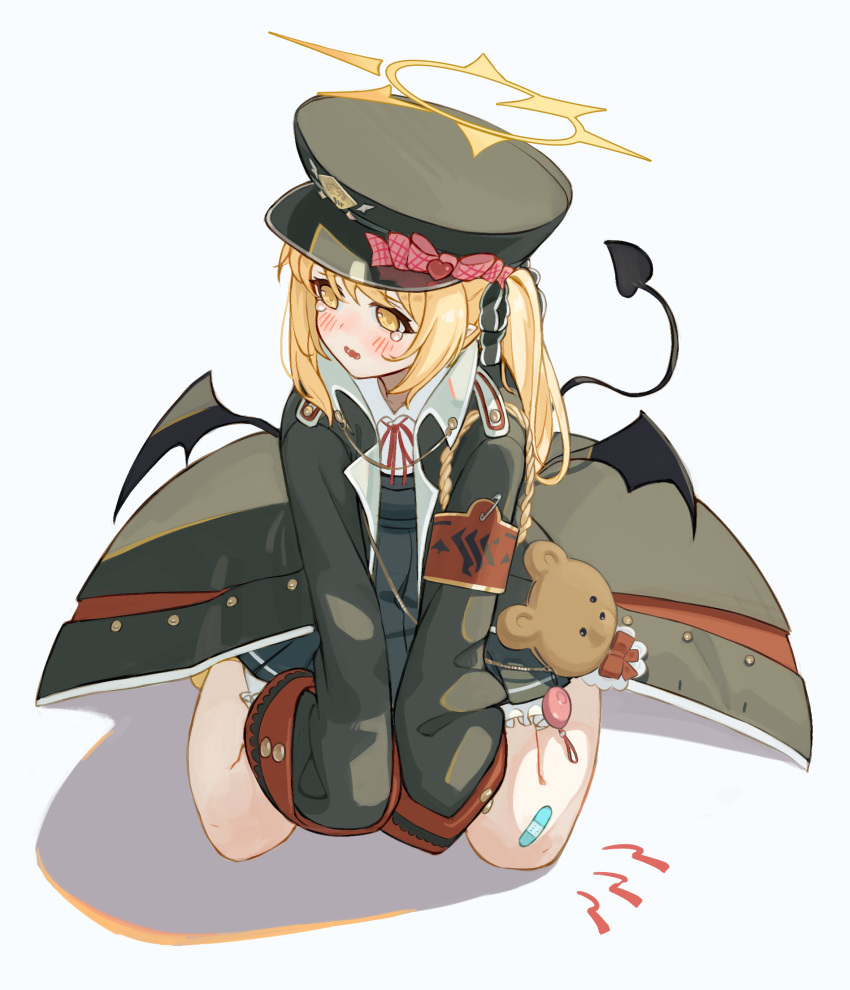 1girl animal_bag bandaid bandaid_on_knee bandaid_on_leg bare_legs between_legs black_coat black_dress blonde_hair blue_archive blush coat demon_girl demon_tail demon_wings dress facing_viewer full_body halo hand_between_legs hat highres ibuki_(blue_archive) kneeling long_hair looking_to_the_side open_clothes open_coat side_ponytail solo stuffed_animal stuffed_toy tail tears teddy_bear uito_yzwa v_arms very_long_sleeves wings yellow_eyes yellow_halo