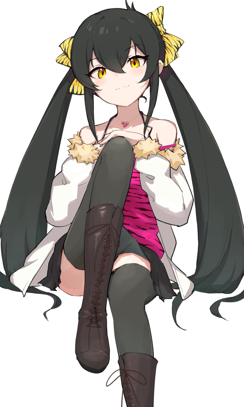 1girl :3 absurdres animal_print bare_shoulders black_hair black_skirt black_thighhighs blush boots camisole doragofu fur-trimmed_jacket fur_trim hair_ribbon heart heart_necklace highres idolmaster idolmaster_cinderella_girls jacket jewelry knee_up leopard_print long_hair looking_at_viewer matoba_risa miniskirt necklace open_clothes open_jacket print_ribbon ribbon simple_background skirt smile solo thighhighs twintails very_long_hair white_background yellow_eyes