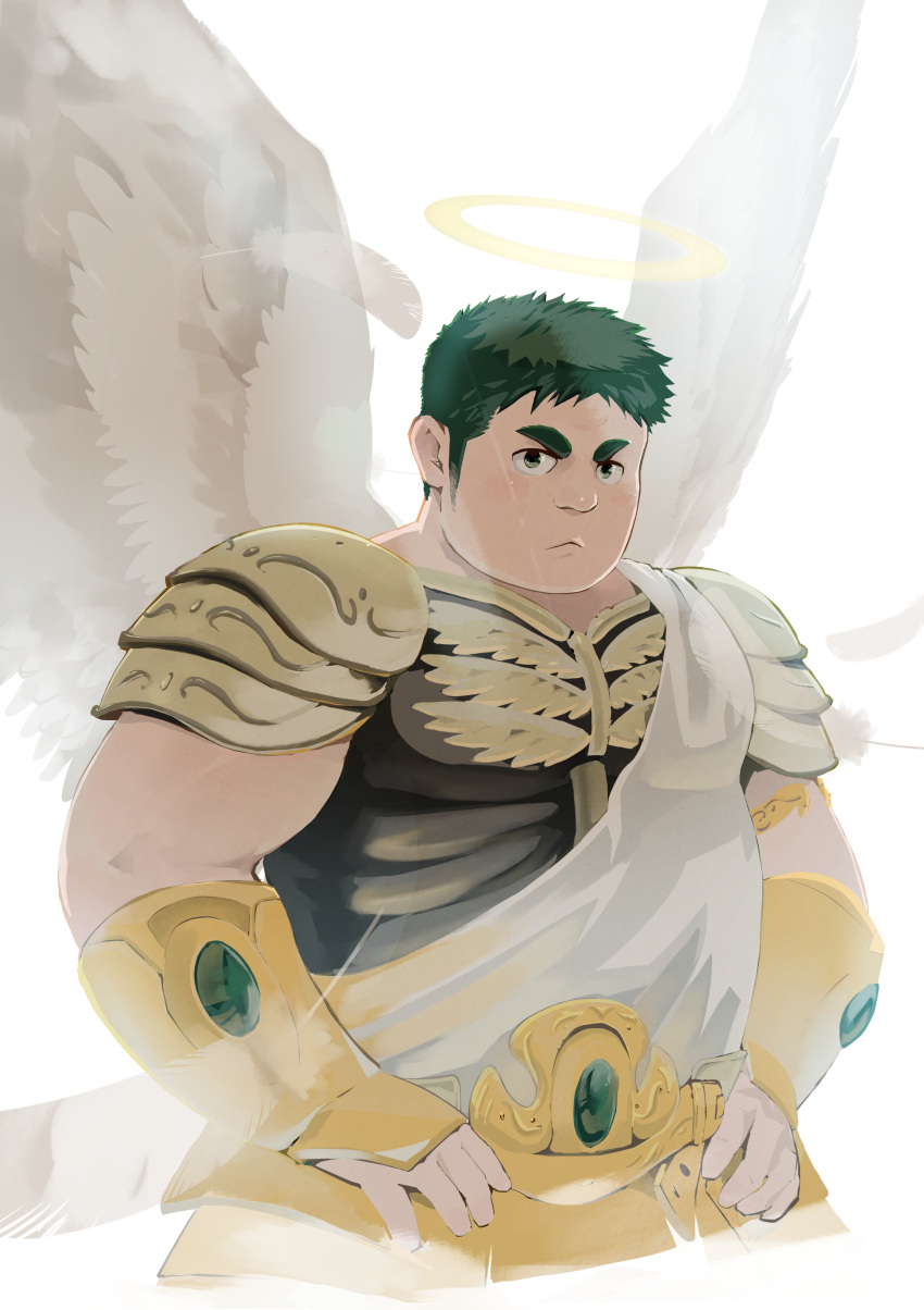 1boy :&lt; absurdres angel angel_wings armor backlighting bara crave_saga falling_feathers feathers green_eyes green_hair halo hands_on_own_hips highres inutora08 long_sideburns looking_at_viewer male_focus muscular muscular_male sash shmiel_(crave_saga) short_hair sideburns simple_background solo thick_eyebrows v-shaped_eyebrows white_background wings