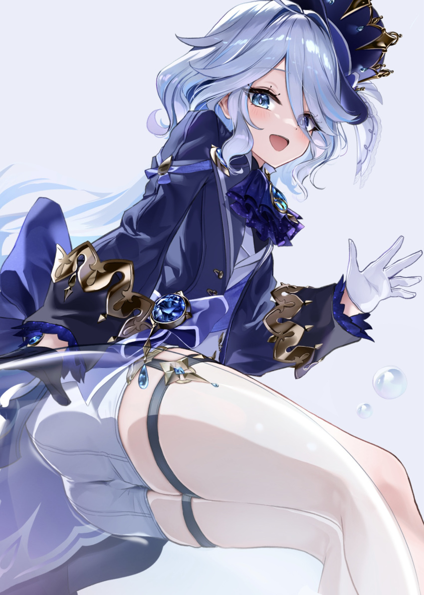 1girl ascot asymmetrical_gloves black_gloves blue_ascot blue_brooch blue_eyes blue_gemstone blue_hair blue_hat blue_jacket blush cowlick drop-shaped_pupils furina_(genshin_impact) gem genshin_impact gloves hair_between_eyes hat heterochromia highres jacket kodona light_blue_hair lolita_fashion long_hair long_sleeves looking_at_viewer mismatched_gloves mismatched_pupils multicolored_hair open_mouth simple_background sitting solo streaked_hair symbol-shaped_pupils tol10131 top_hat white_background white_gloves white_hair white_trim_bow