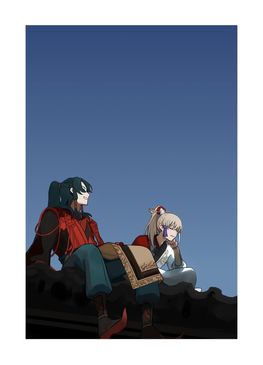 2boys archer_(fate/samurai_remnant) arm_guards black_hanfu blue_sky chinese_clothes chinese_hairpin closed_eyes fate/samurai_remnant fate_(series) green_hair grey_hair hair_ornament half_updo hanfu head_rest high_ponytail highres long_hair low-tied_sidelocks multicolored_hair multiple_boys on_roof red_hanfu red_robe robe sitting sitting_on_roof sky smile streaked_hair tassel tassel_hair_ornament tile_roof uulna white_hair white_hanfu xiao_guan_(headdress) zheng_chenggong_(fate)