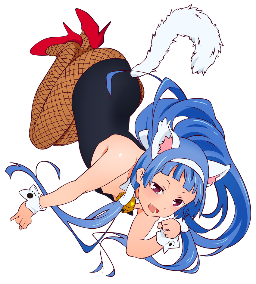 animal_ears bangs bell bell_collar blue_hair blunt_bangs bunny_girl bunnysuit cat_ears cat_tail collar cuffs detached_collar downblouse ejoty fang fishnet_pantyhose fishnets full_body hair_tubes hairband high_heels highres kannagi long_hair nagi pantyhose paw_pose purple_eyes tail transparent_background