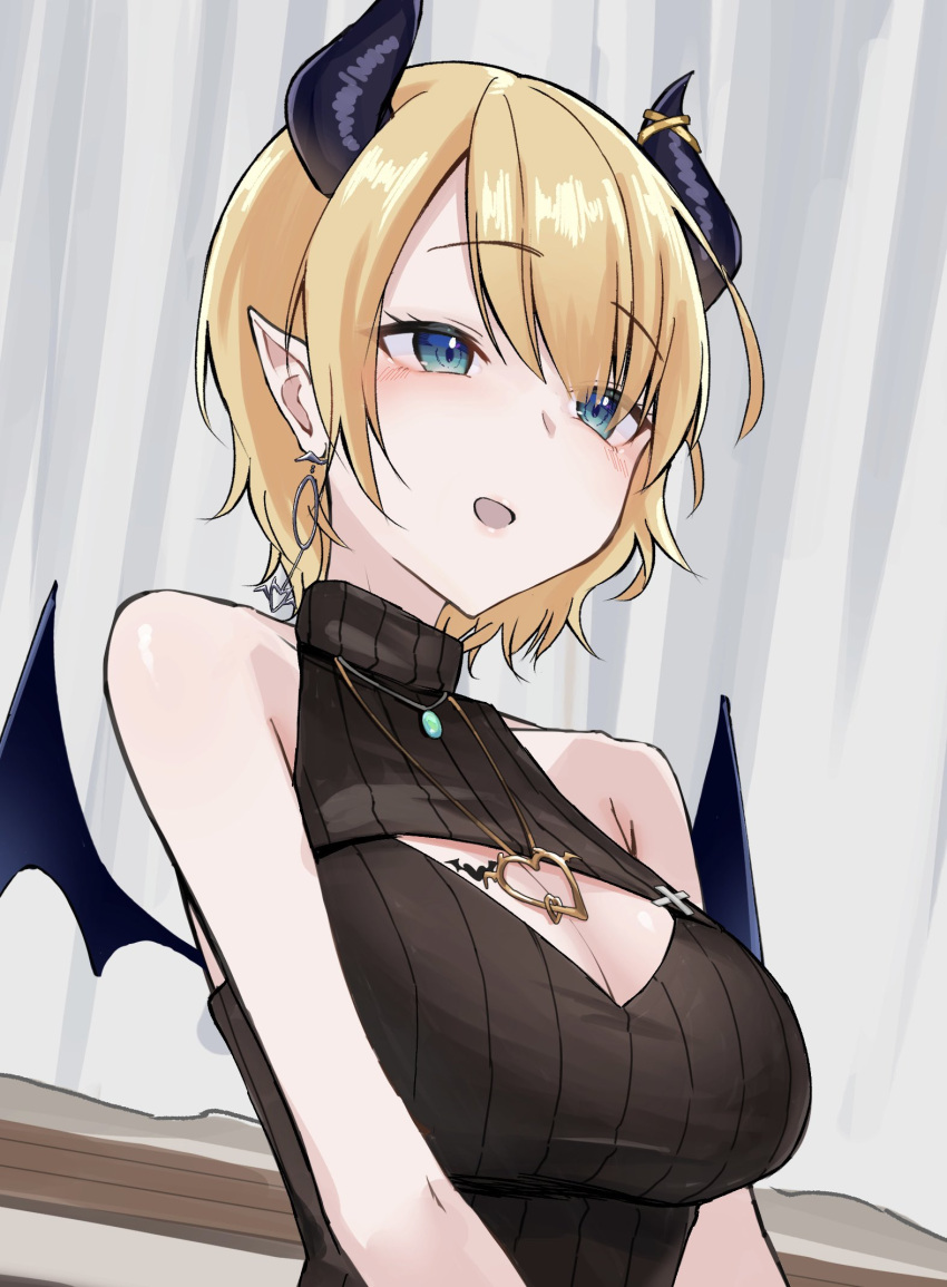 1girl bare_shoulders black_dress black_sweater blonde_hair breasts cleavage cleavage_cutout clothing_cutout commentary_request demon_girl demon_horns demon_wings dress e-wing_(ewingillustrate) earrings highres hololive horns indoors jewelry large_breasts open_mouth pendant pointy_ears short_hair sleeveless sleeveless_turtleneck smile solo sweater sweater_dress turtleneck turtleneck_sweater upper_body wings yuzuki_choco yuzuki_choco_(streetwear)