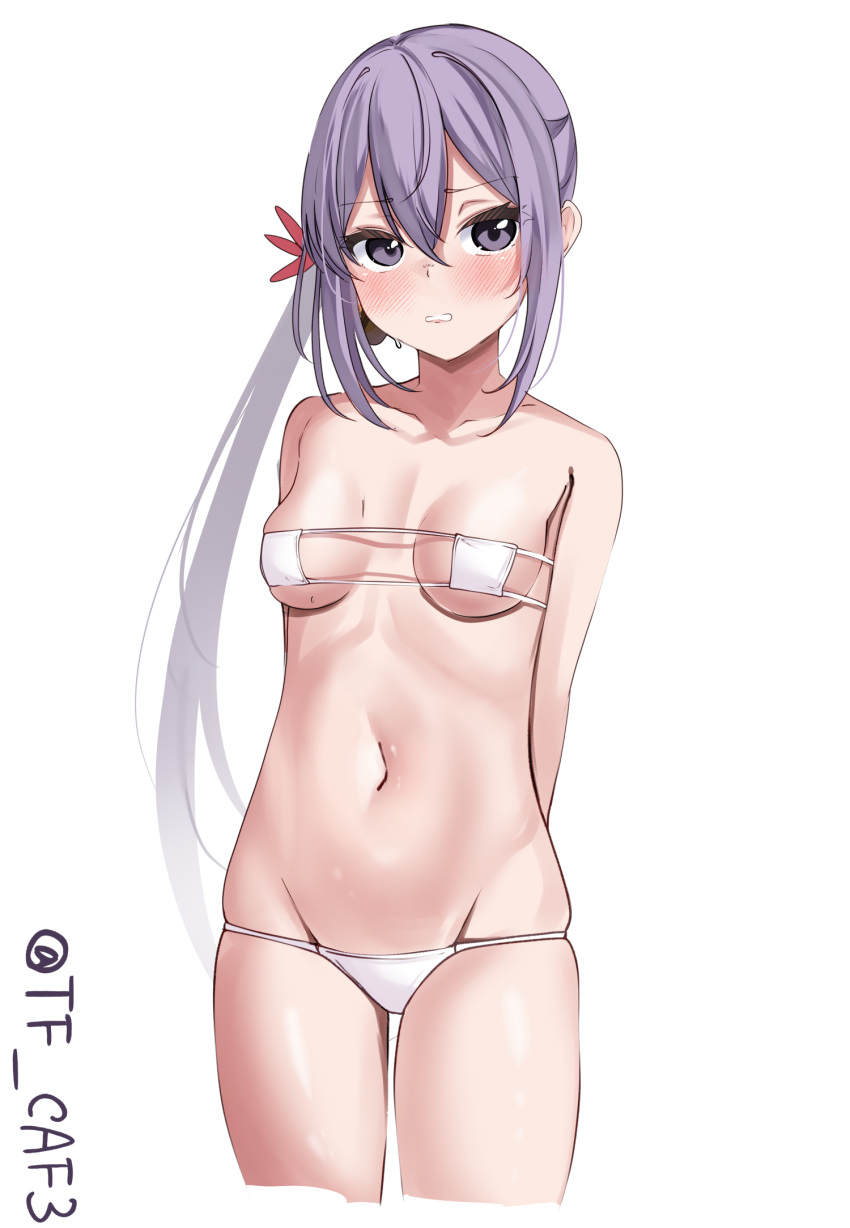 1girl akebono_(kancolle) alternate_costume arms_behind_back bell bikini breasts commentary_request cropped_legs eyepatch_bikini flower hair_bell hair_flower hair_ornament highres jingle_bell kantai_collection long_hair lowleg lowleg_bikini one-hour_drawing_challenge purple_eyes purple_hair side_ponytail simple_background small_breasts solo swimsuit tf_cafe twitter_username white_background white_bikini