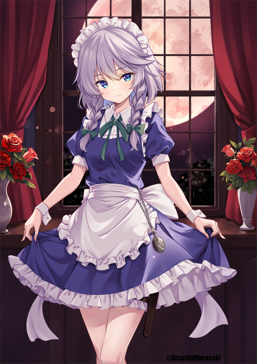 apron bare_legs blue_eyes blush breasts closed_mouth collared_shirt commentary_request cowboy_shot dress frilled_apron frilled_dress frills full_moon green_ribbon grey_hair highres holster indoors izayoi_sakuya long_hair maid maid_headdress moon murasaki_atsushi neck_ribbon plant pocket_watch potted_plant puffy_short_sleeves puffy_sleeves red_curtains red_ribbon ribbon shirt short_sleeves small_breasts smile thigh_holster thigh_strap touhou twintails waist_apron watch white_apron white_wrist_cuffs window wrist_cuffs