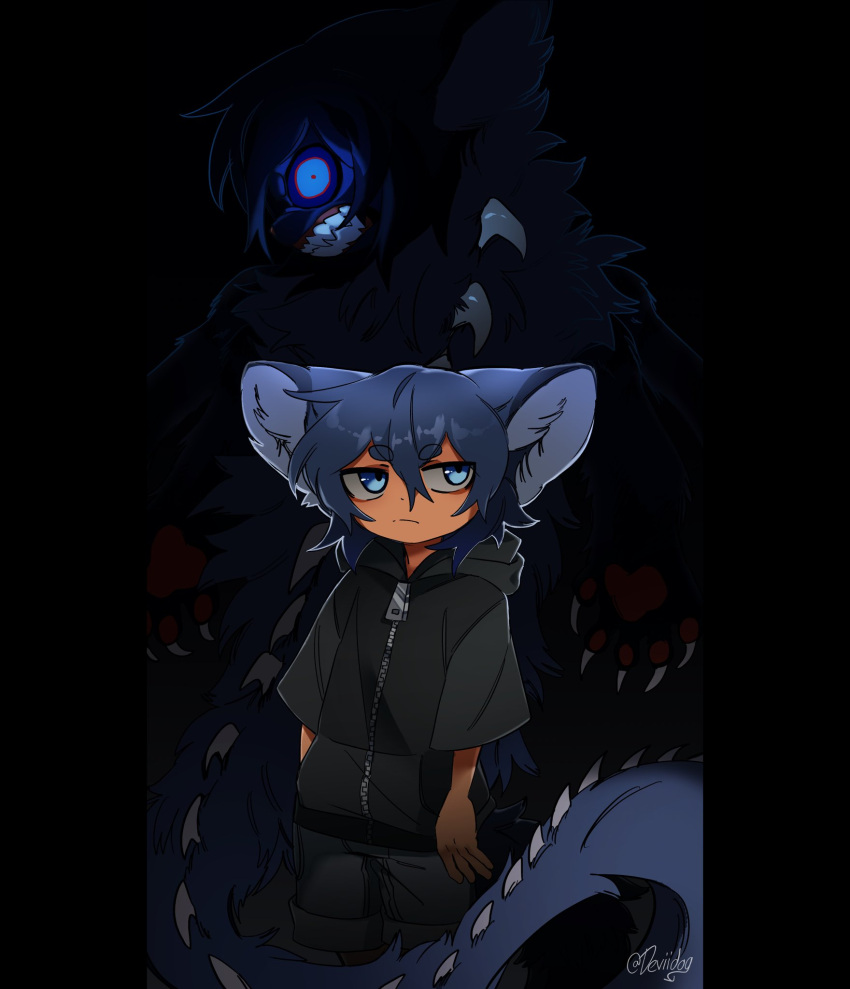 1boy animal_ears artist_name black_background black_jacket blue_eyes blue_hair child closed_mouth cowboy_shot dark deviidog0 dual_persona english_commentary glowing glowing_eyes hair_between_eyes highres hood hood_down hooded_jacket jacket looking_at_viewer male_focus monster original short-sleeved_jacket short_eyebrows short_hair short_sleeves solo spiked_tail tail twitter_username