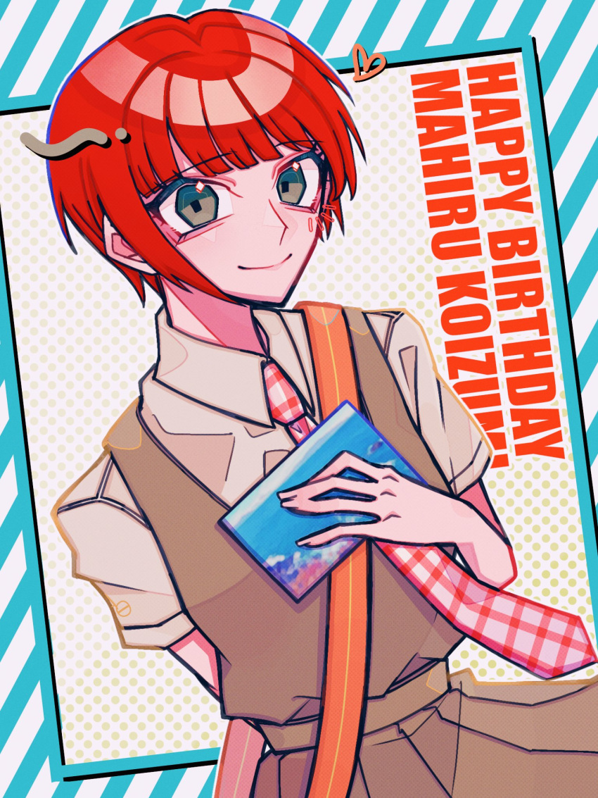 1girl arm_behind_back birthday blue_background brown_background brown_dress brown_eyes closed_mouth collared_shirt commentary danganronpa_(series) danganronpa_2:_goodbye_despair dress dress_shirt gingham_necktie happy_birthday heart highres holding holding_photo koizumi_mahiru looking_at_viewer meta_akira multicolored_background necktie photo_(object) pinafore_dress pleated_dress polka_dot polka_dot_background red_hair red_necktie school_uniform shirt short_hair short_sleeves sleeveless sleeveless_dress smile solo square_pupils standing strap striped_background upper_body white_background white_necktie white_shirt