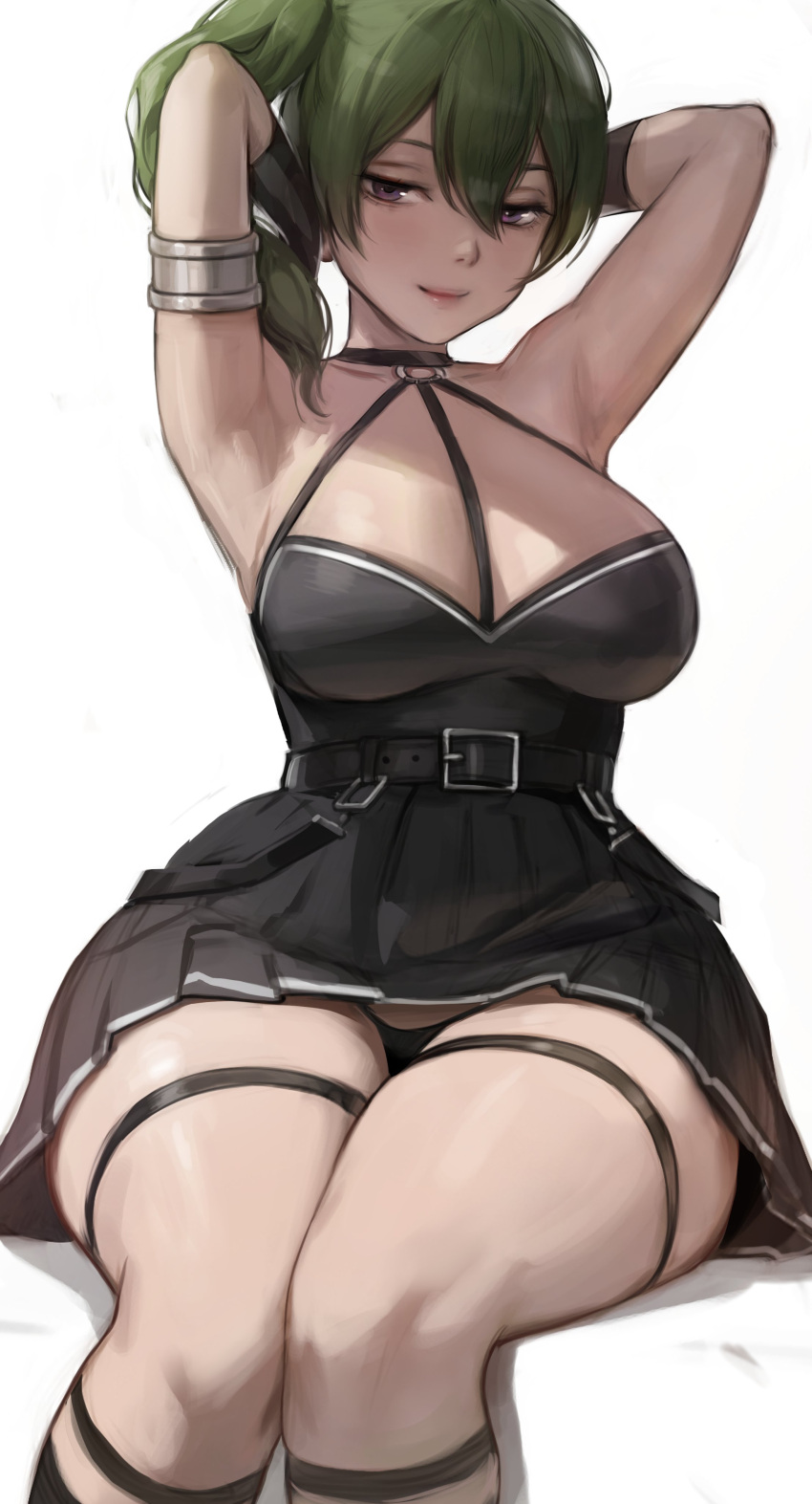 1girl absurdres armlet arms_behind_head belt black_choker black_dress breasts choker dress grey_hair highres large_breasts looking_at_viewer meekohopanes purple_eyes sitting smile solo sousou_no_frieren thick_thighs thigh_strap thighs ubel_(sousou_no_frieren) white_background wide_hips