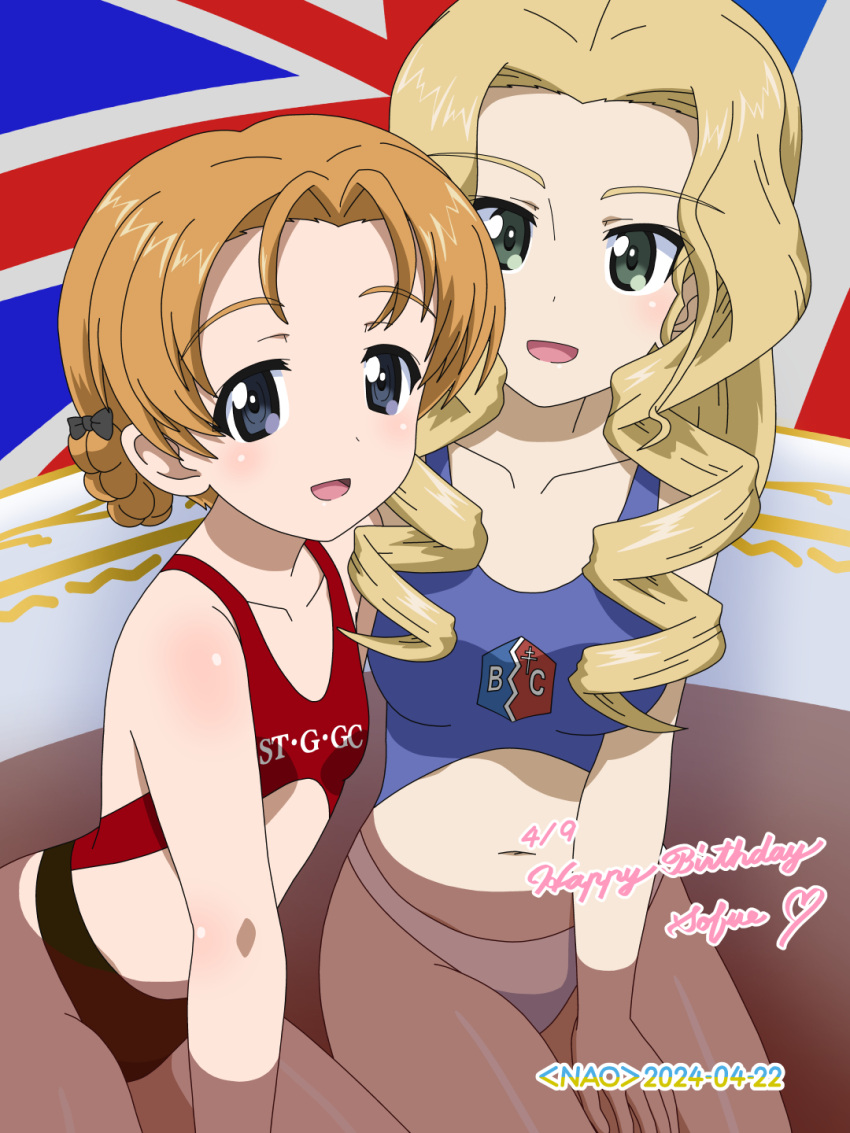 2girls bc_freedom_(emblem) blonde_hair blue_eyes blush braid breasts drill_hair emblem french_braid french_flag girls_und_panzer green_eyes highres long_hair looking_at_viewer multiple_girls naotosi navel open_mouth orange_hair orange_pekoe_(girls_und_panzer) small_breasts smile sofue_(girls_und_panzer) swimsuit union_jack