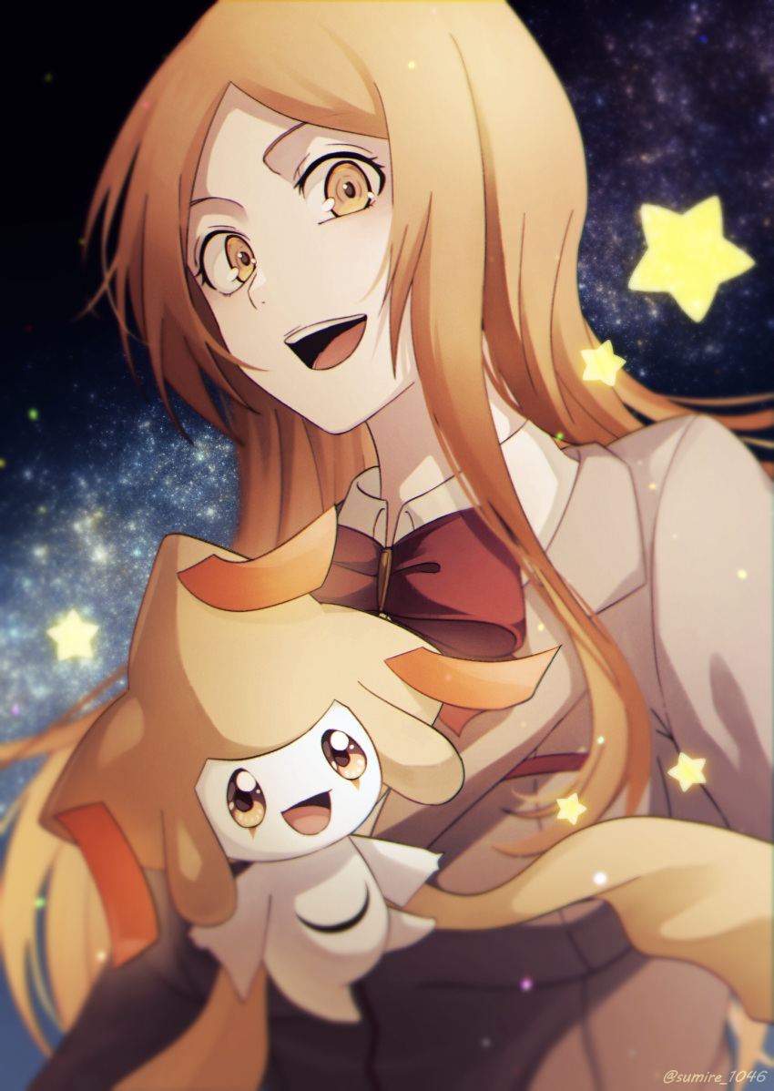 1girl :d alternate_color bleach bow commentary_request crossover happy highres inoue_orihime jirachi long_hair looking_at_viewer open_mouth orange_eyes orange_hair parted_bangs pokemon pokemon_(creature) red_bow school_uniform shiny_pokemon sidelocks sky smile star_(sky) star_(symbol) starry_sky sumire_1046 teeth twitter_username upper_body upper_teeth_only