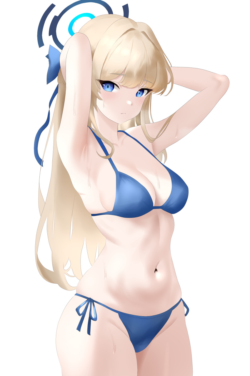 1girl absurdres armpits arms_behind_head arms_up bare_arms bare_shoulders bikini blonde_hair blue_archive blue_bikini blue_bow blue_eyes blue_halo blue_ribbon bow breasts closed_mouth collarbone commentary cowboy_shot groin hair_bow hair_intakes hair_ribbon halo halterneck highres light_blush long_hair looking_at_viewer medium_breasts navel potgit ribbon side-tie_bikini_bottom sidelocks simple_background solo standing stomach string_bikini swimsuit toki_(blue_archive) very_long_hair wet white_background