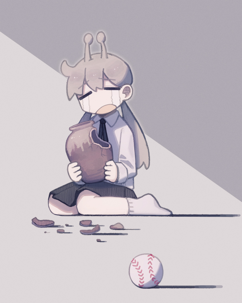 1girl antennae baseball black_ribbon black_skirt broken_vase closed_eyes collared_shirt crying facing_viewer full_body furrowed_brow futami_ya grey_background grey_hair highres holding_vase long_hair long_sleeves low_twintails neck_ribbon open_mouth original pleated_skirt raised_eyebrows ribbon shards shirt simple_background sitting skirt socks solo streaming_tears tears twintails wariza white_shirt white_socks