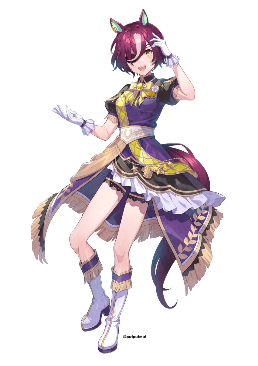 1girl animal_ears boots botantouki bow bowtie breasts brown_hair coat collared_coat eyepatch gate_of_infinity_(umamusume) gloves hand_on_own_head high_heel_boots high_heels highres horse_ears horse_girl horse_tail looking_at_viewer multicolored_hair open_mouth puffy_short_sleeves puffy_sleeves purple_coat purple_shorts sash short_hair short_shorts short_sleeves shorts shoulder_sash simple_background small_breasts smile solo streaked_hair tail tanino_gimlet_(umamusume) twitter_username umamusume white_background white_gloves yellow_eyes yellow_footwear