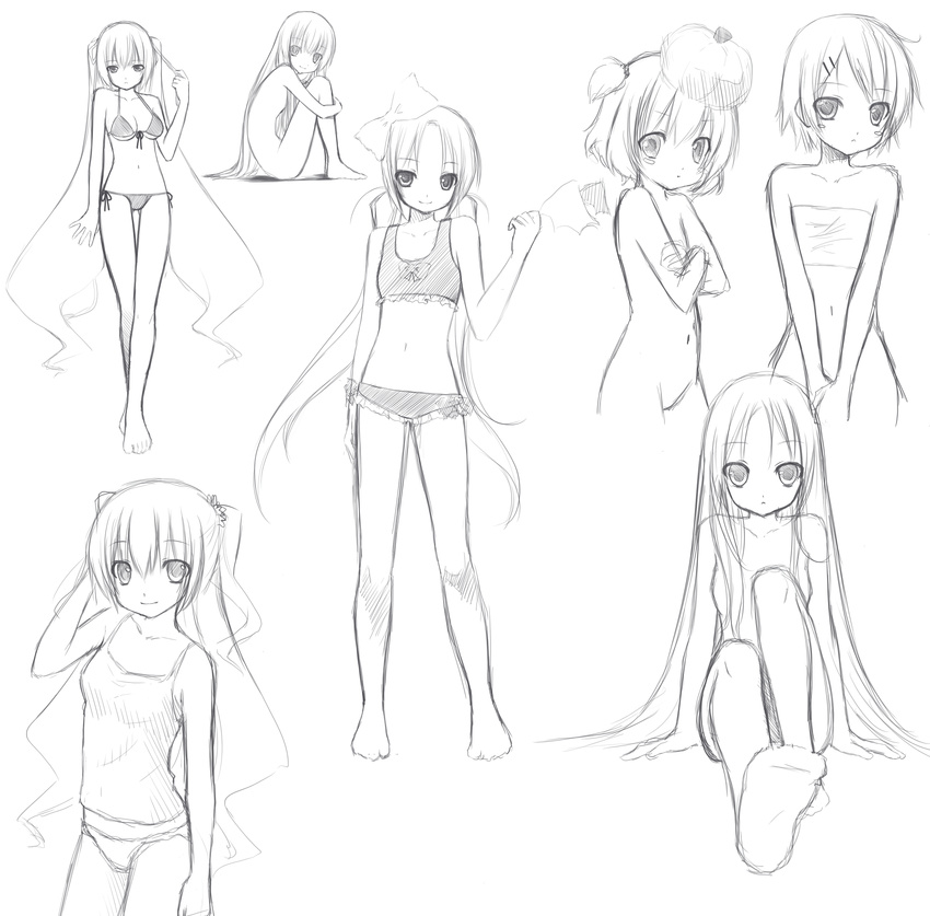 absurdres bikini breasts crossed_arms highres long_hair looking_at_viewer monochrome multiple_girls nana_mikoto nude original profile short_hair simple_background sketch small_breasts smile swimsuit v_arms very_long_hair white_background