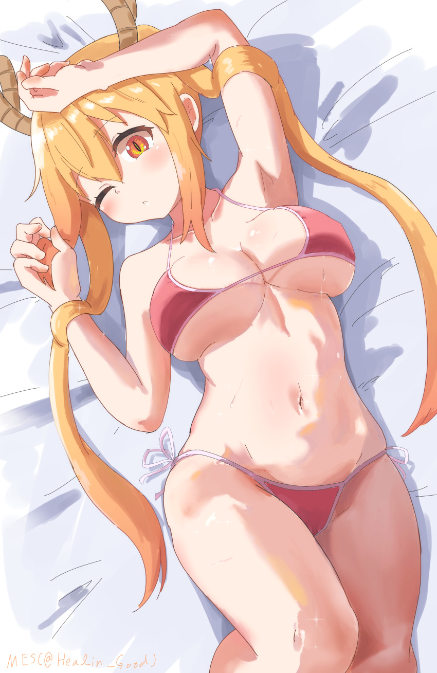 1girl ;&lt; absurdres artist_name bikini blush breasts closed_mouth commentary dragon_girl dragon_horns furugo-ri280 hair_between_eyes highres horns kobayashi-san_chi_no_maidragon large_breasts long_hair looking_at_viewer lying navel on_back one_eye_closed orange_eyes orange_hair red_bikini side-tie_bikini_bottom slit_pupils solo swimsuit tohru_(maidragon) twintails