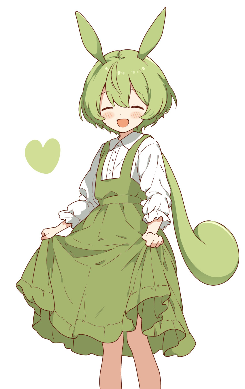 1girl :d absurdres animal_ears blush closed_eyes collared_shirt dot_nose dress facing_viewer feet_out_of_frame green_dress green_hair heart highres legs_apart long_hair long_sleeves low-tied_long_hair open_mouth pinafore_dress pleated_dress rabbit_ears rabbit_girl shirt simple_background skirt_hold sleeveless sleeveless_dress smile solo voicevox white_background white_shirt zundamon zunmut