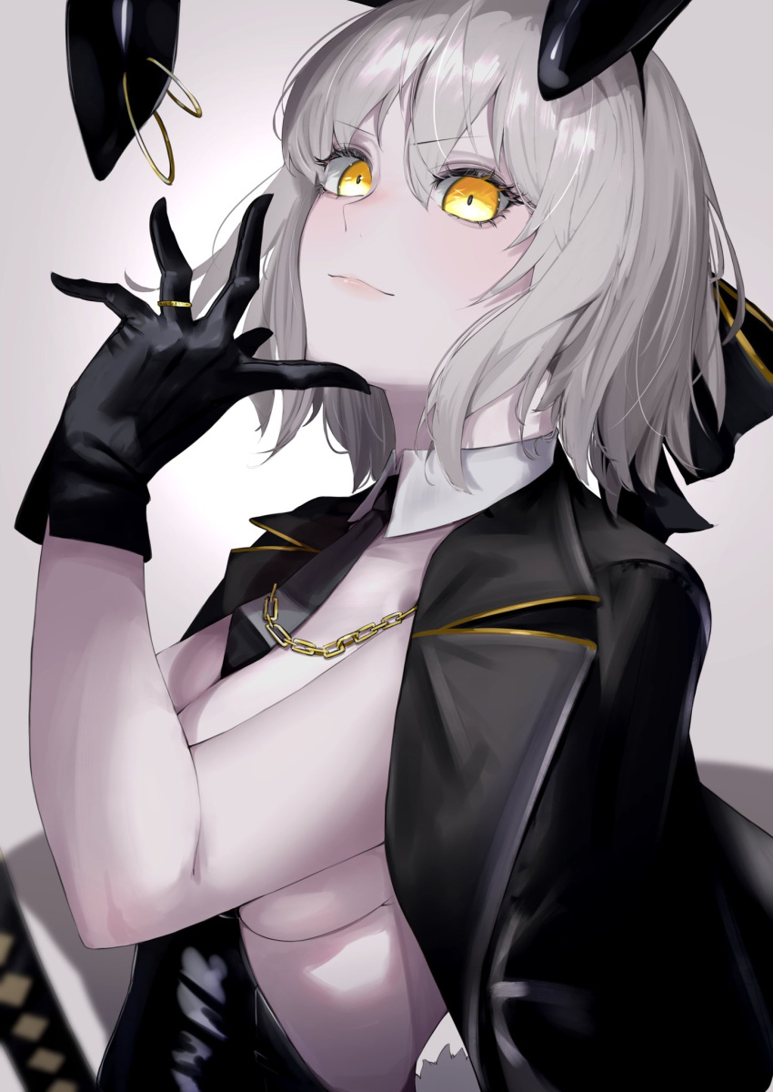 1girl animal_ears between_breasts black_bow black_gloves black_jacket black_leotard black_necktie bow breasts chain closed_mouth detached_collar fake_animal_ears fake_tail fate/grand_order fate_(series) gloves grey_hair hair_bow hand_on_own_chin highres holding holding_sword holding_weapon jacket jacket_on_shoulders jeanne_d'arc_alter_(fate) jewelry large_breasts leotard looking_at_viewer necktie necktie_between_breasts parted_lips playboy_bunny rabbit_ears rabbit_tail revision ri_o_ne_su ring short_hair sideboob simple_background solo sword tail weapon white_background yellow_eyes