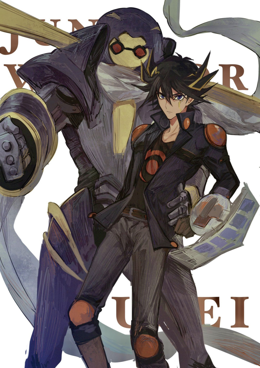 1boy bad_id bad_lofter_id black_hair black_shirt blue_eyes blue_jacket boots brown_footwear brown_gloves character_name clenched_hand cowboy_shot duel_disk duel_monster facial_mark facial_tattoo fudo_yusei gloves grey_pants hand_up high_collar highres jacket junk_warrior knee_boots knee_pads leather_belt looking_at_viewer male_focus multicolored_hair naoki_(2rzmcaizerails6) open_clothes open_jacket pants red_eyes robot scarf serious shirt short_hair shoulder_pads spiked_hair streaked_hair tattoo upper_body white_background white_scarf yu-gi-oh! yu-gi-oh!_5d's