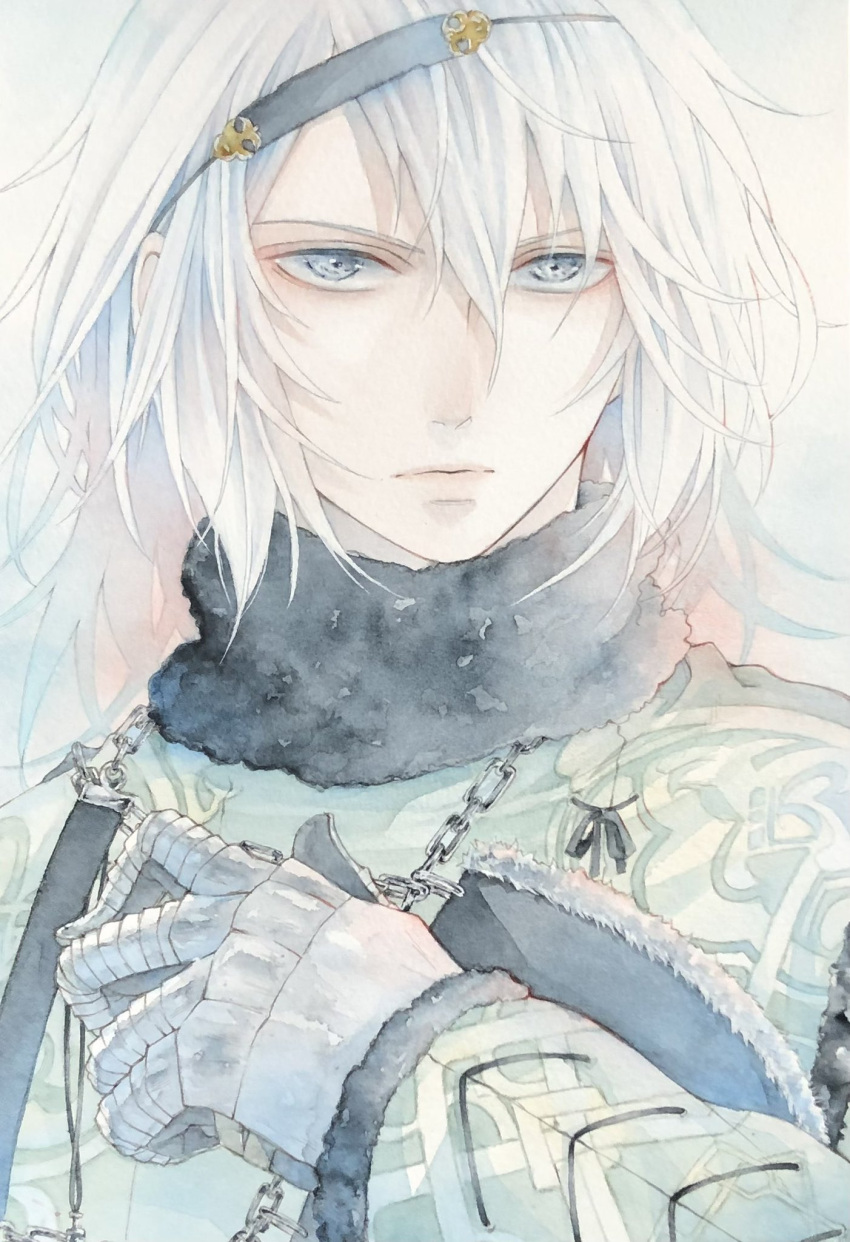 1boy chain closed_mouth coat commentary_request fur-trimmed_coat fur_trim green_coat grey_eyes hair_between_eyes highres male_focus medium_hair nier nier_(series) nier_(young) painting_(medium) solo traditional_media upper_body watercolor_(medium) white_hair yurikawa_(yurikawa_kwyr)