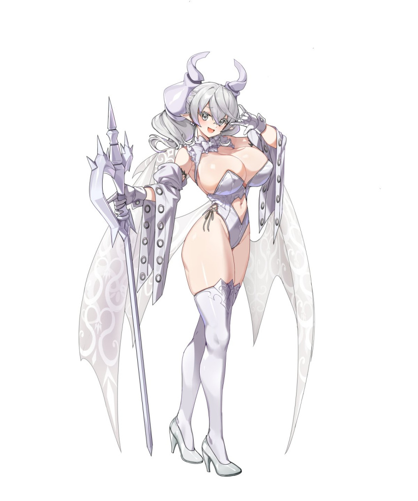 1girl breasts cleavage demon_girl demon_horns demon_wings dress duel_monster ebi_bento full_body gloves grey_eyes highres holding horns large_breasts leotard looking_at_viewer lovely_labrynth_of_the_silver_castle low_wings multiple_wings pointy_ears smile solo transparent_wings twintails white_background white_hair white_horns wings yu-gi-oh!