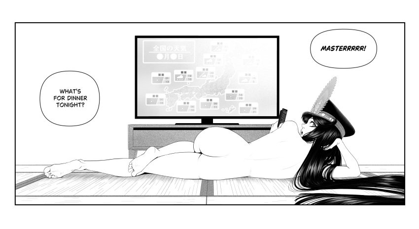 1girl ass barefoot commentary completely_nude controller english_commentary english_text fate_(series) greyscale hat head_rest highres koha-ace kusujinn long_hair looking_at_viewer lying monochrome nude oda_nobunaga_(fate) oda_nobunaga_(koha-ace) on_side remote_control solo tatami television very_long_hair