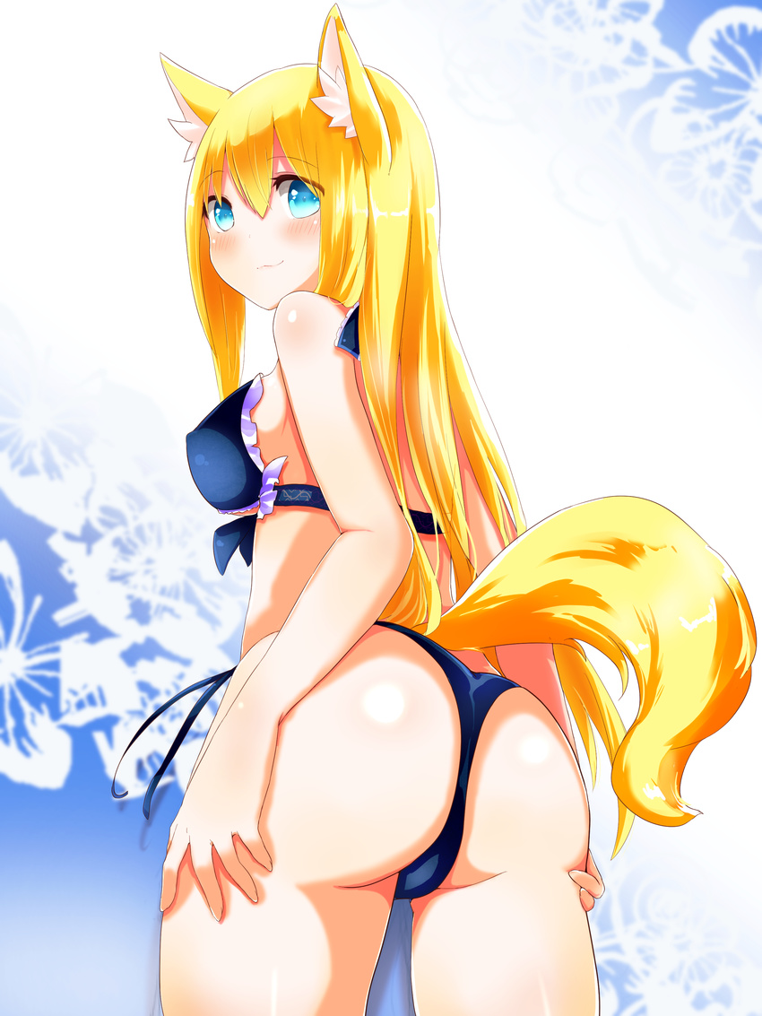 absurdres animal_ear_fluff animal_ears ass bad_id bad_pixiv_id bikini blonde_hair blue_eyes fox_ears fox_tail futaba_aoi highres long_hair naomi_(sekai_no_hate_no_kissaten) original solo swimsuit tail