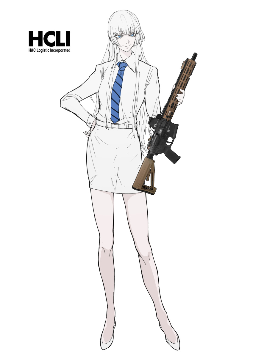 1girl absurdres blue_eyes blue_necktie full_body gun high_heels highres holding holding_gun holding_weapon jormungand_(manga) koko_hekmatyar long_hair long_sleeves looking_at_viewer necktie pale_skin peinlike pencil_skirt simple_background skirt smile solo standing weapon white_background white_hair